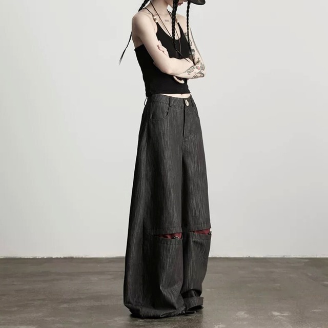 Knee-cut wide denim pants C1212