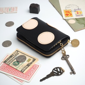 Key Wallet [Key Case + Mini Wallet] (Polka Dot Patchwork/Black) Genuine Leather
