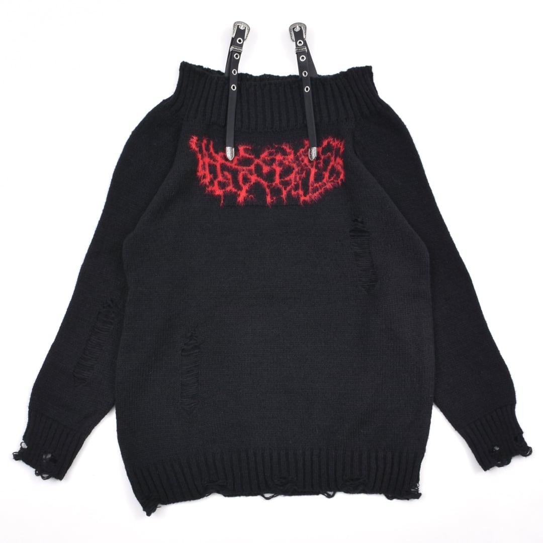 10/31 完売→再入荷！】ベルトオフショルダメージロゴニット