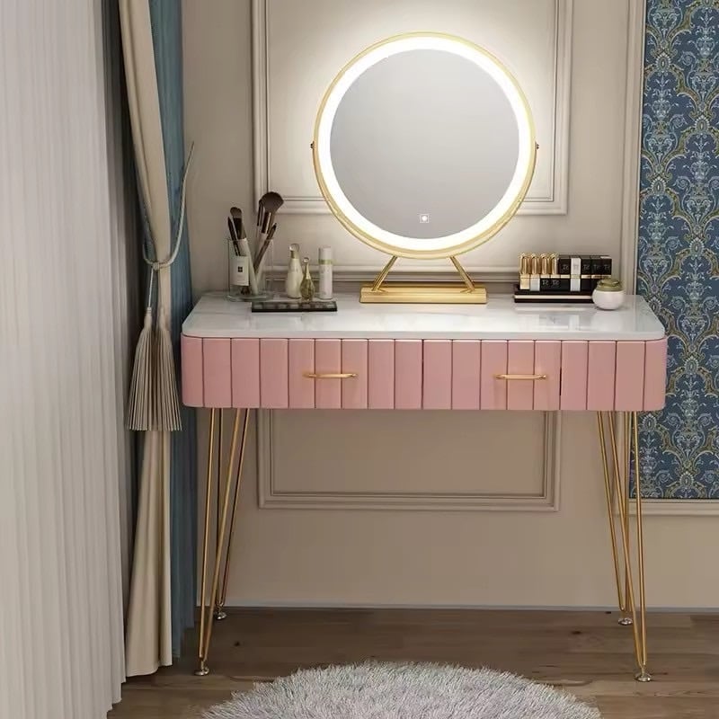 100cm幅|ピンクの大理石調ドレッサー(チェア無し)