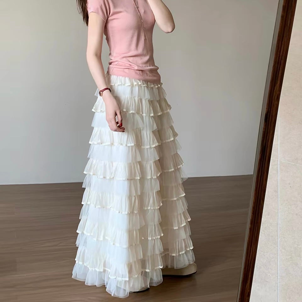 Tulle Tiered Ruffle Long Skirt 【M260081】 | Molabella