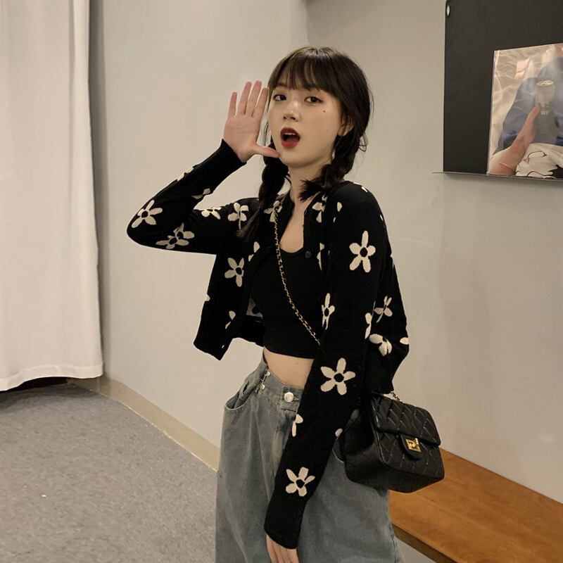 ブラックショートニットカーディガンジャケット スプリングオータムスタンダード薄手セーター ロング レトロ 春物 秋物 スーパーモール9860198881