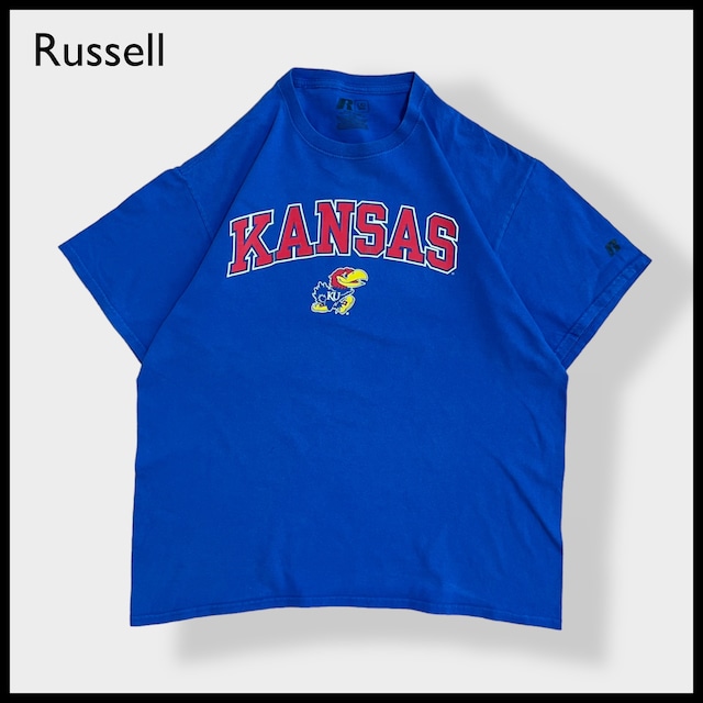 【Russell】カレッジ カンザス大学 バスケットボール ジェイホークス ロゴ プリント Tシャツ 半袖 LARGE ラッセル us古着