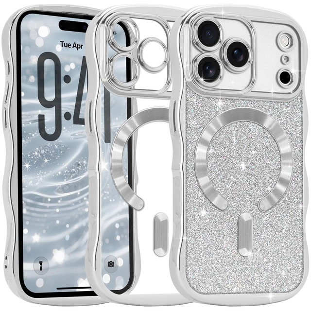 Pepmune iPhone 17 Pro Max 用 ケース MagSafe対応 ウェーブ クリア 可愛い 着脱式キラキラカード(シルバー)