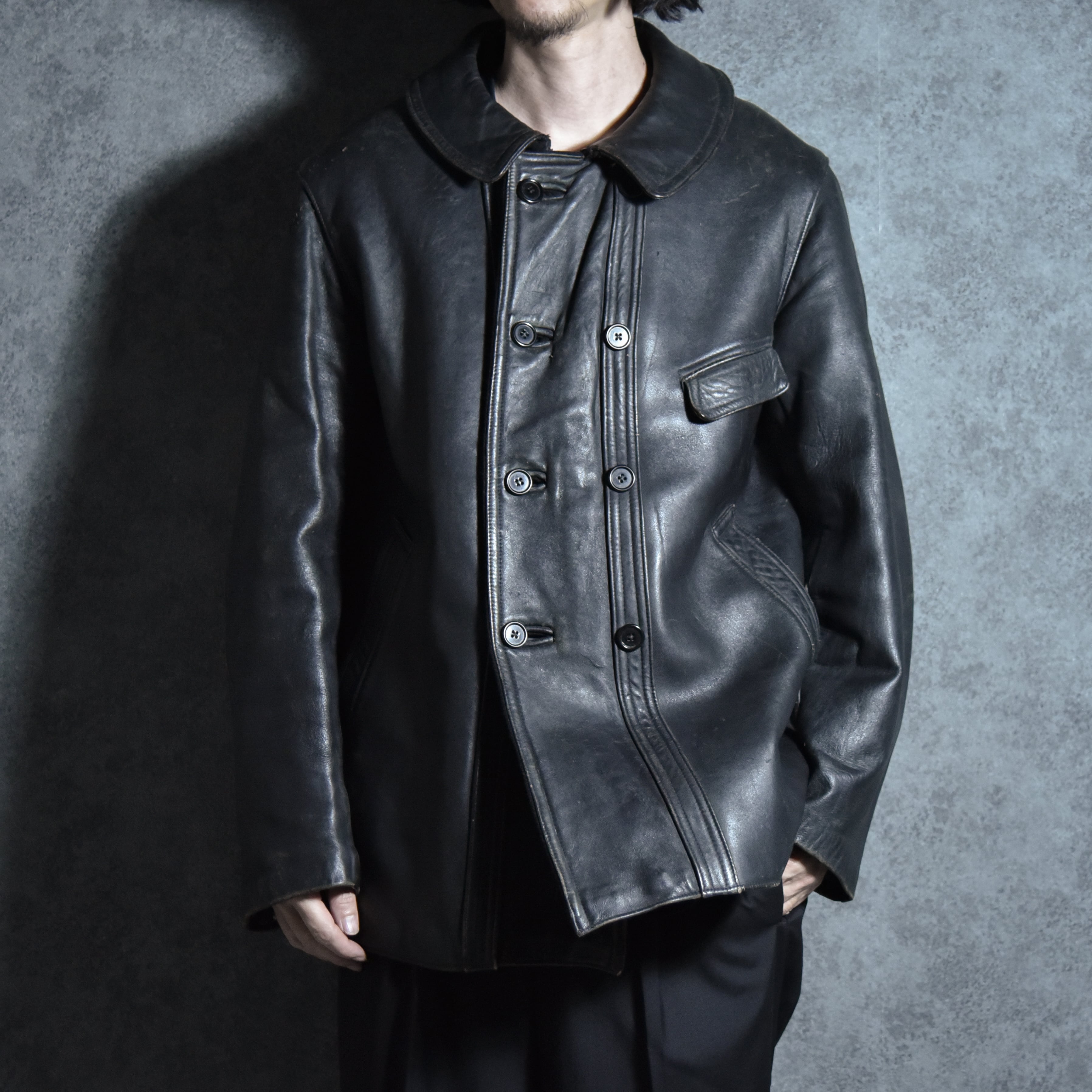 60-70s Le Corbusier Leather Double Breasted Jacket Black ル