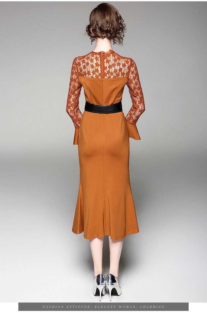 パーティードレス レース切替 花柄 透け感 ラウンドネック 長袖 袖口フレア マーメイド 膝下丈 ミモレ丈 異素材ミックス Www Hospitalpacini Com Br