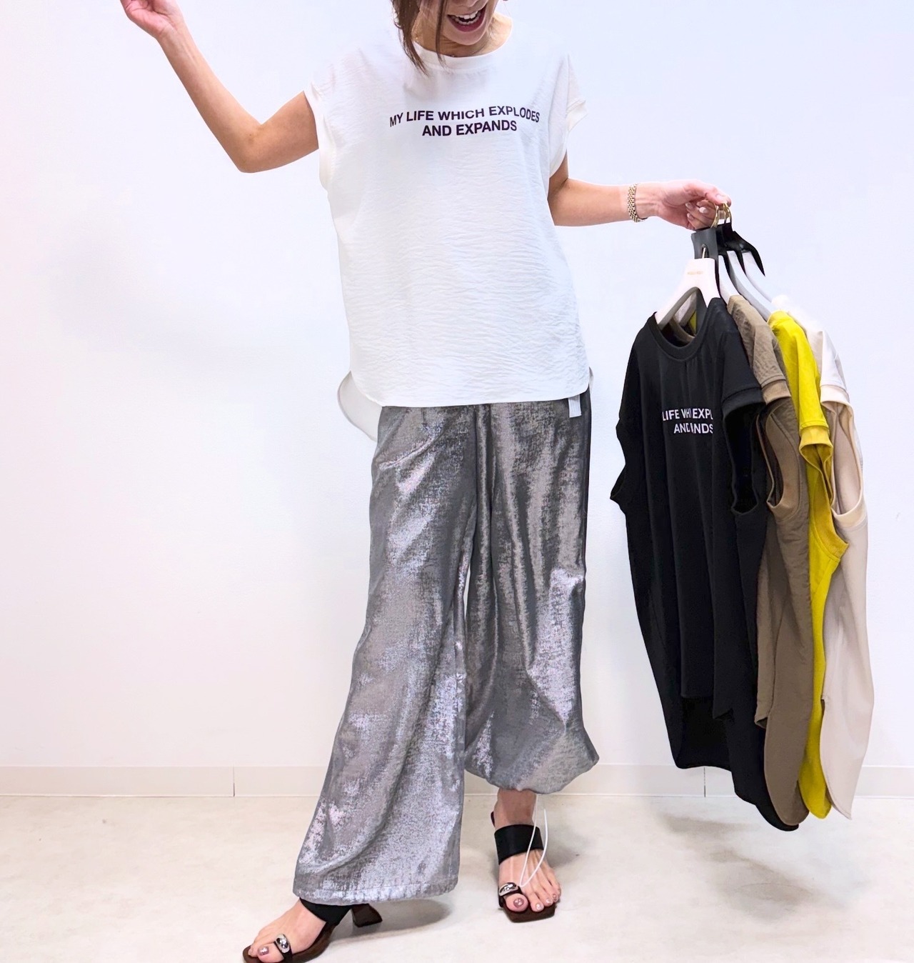 ミカーレミカーレ MICALLEMICALLE メタリックワイドパンツ
