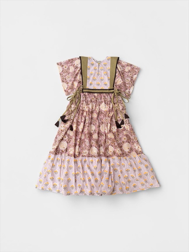saruche ハンドブロックプリントワンピース キルティングパッチ　サイドリボンワンピース半袖　Soft Pink