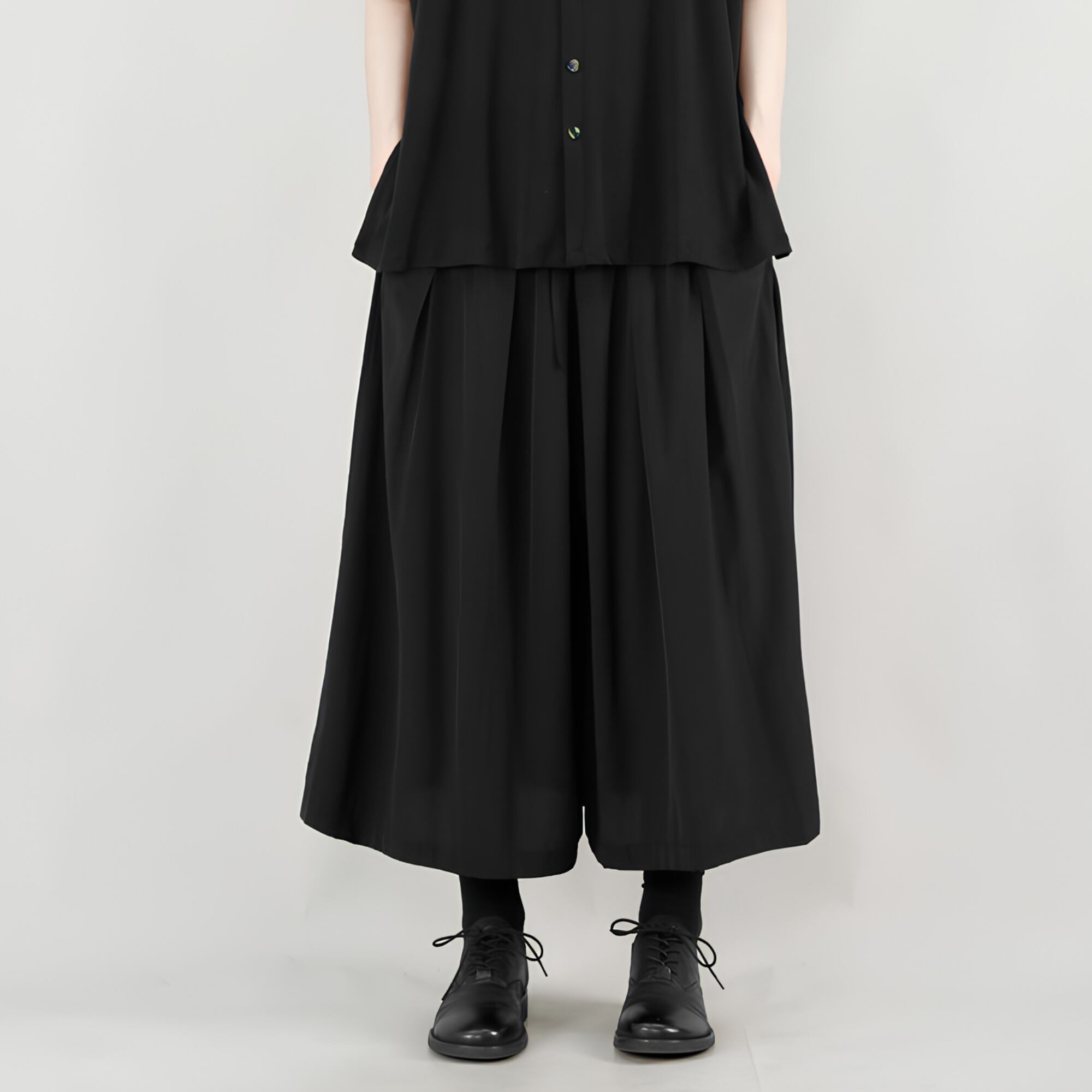 【ORV0070】Elastic-Waist Draped Wide-Leg Cropped Pants