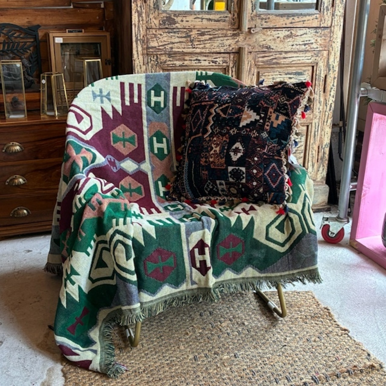 TOPANGA Homefurnishing Tribal throwket 　トライバルスローケット　130×180cm　K　グリーン　レッド　ソファカバー　ベッドカバー　ブランケット　カーテン