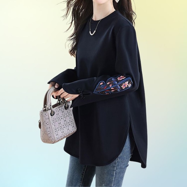 オリエンタル刺繍袖 デザインカットソー 　B0203