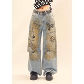 ストリート ヴィンテージプリント デニムパンツ P234