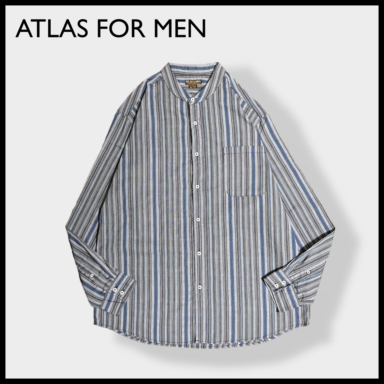 【ATLAS FOR MEN】ノーカラーシャツ ストライプ 柄シャツ 長袖 コットン XXL ビッグサイズ オーバーサイズ US古着