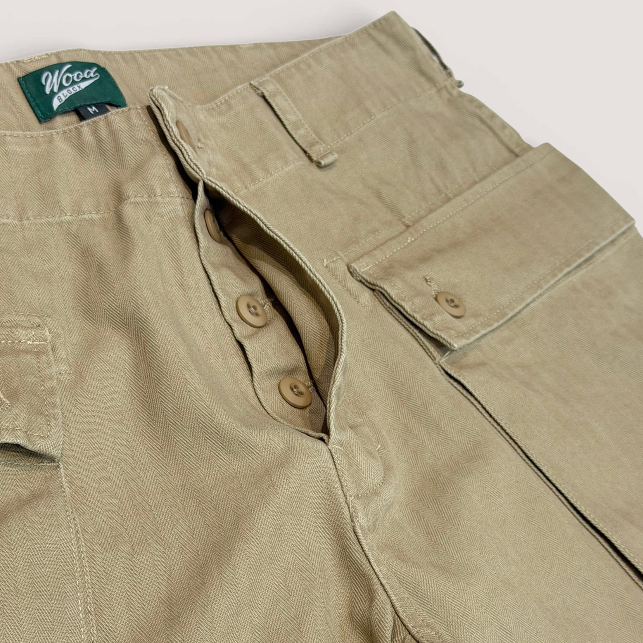 WOODBLOCK】 W-44 HERRINGBONE CARGO PANTS (Khaki) | 火ノ鳥OnlineStore