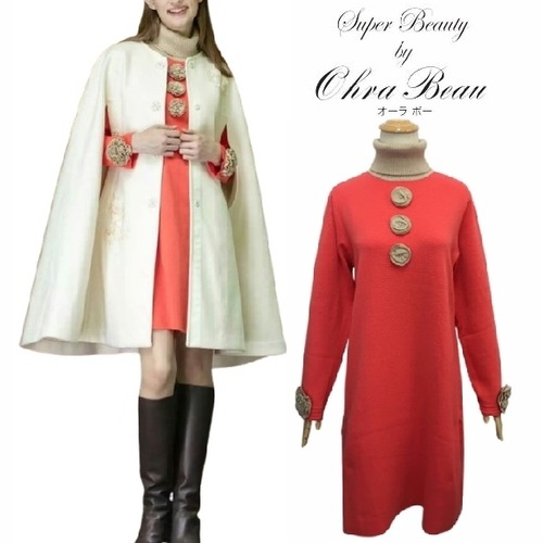 【アウトレットセール50%OFF】スーパービューティー ニットワンピース 花モチーフ　タートルネック 2421032 オレンジ 2024年秋冬 オーラボー 大人かわいい服 ミセス レディース キレイメ アパレル 女性 30代 40代 50代 60代 大人スタイル