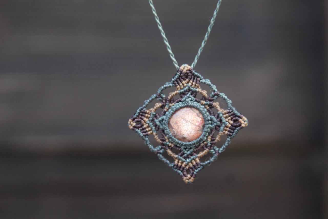 Sunstone micro macrame mandala pendant