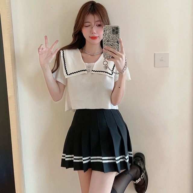 レディースネイビーカラーセーター ハイウェストプリーツスカート ハンチェンe62846286984