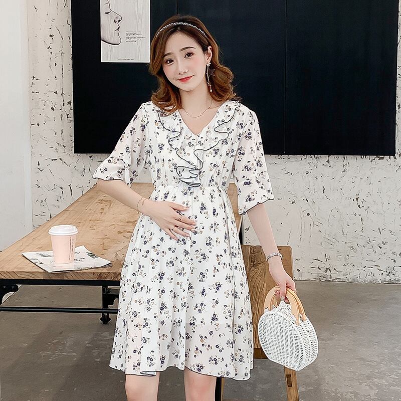 【新作】【送料無料】 マタニティドレス2020夏の新しいシフォンフローラルフリルカラードレス、トレンディなマザーミドル丈マタニティドレス-アリババ サマー 夏物 花柄 expec259841935630