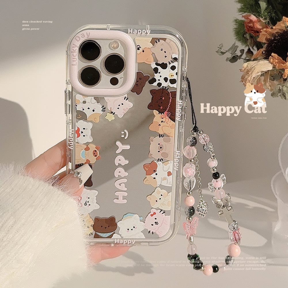 【iPhone15対応】ねこちゃん大集合◎かわいい 鏡面 Happy スマホストラップ 背面ミラー お守り おしゃれ スマホケース ND-15038