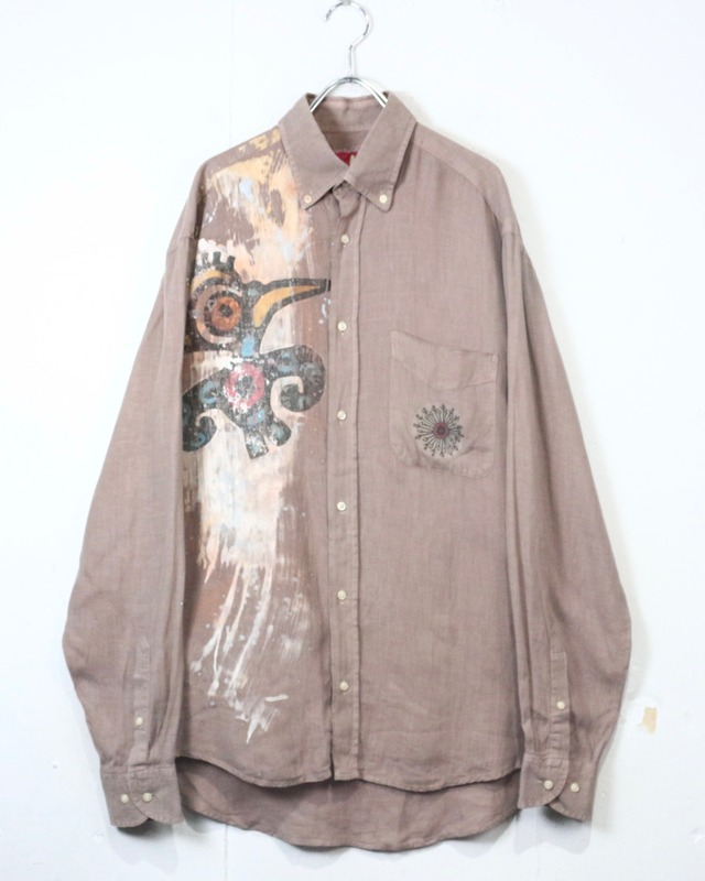 【Caka act2】Ethnic Art × Painted Design Vintage L/S Linen Shirt