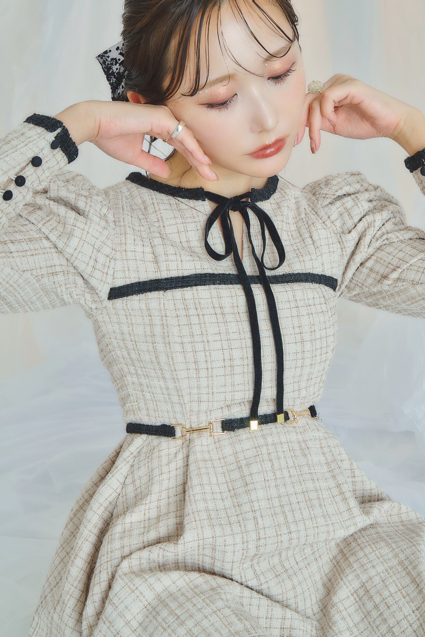 Classic Tweed Belted Dress M ホワイト　試着のみ