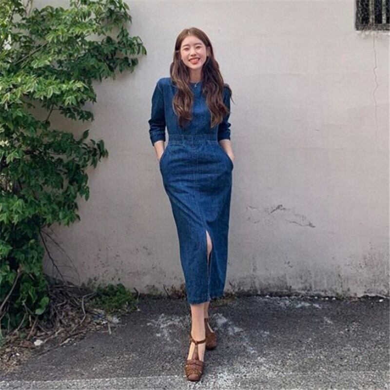 ワンピース デニムワンピース ミモレ ミモレ丈 袖あり 半袖 ラウンドネック スリット かわいい 大人可愛い きれいめ シンプル カジュアル 大人 おしゃれ 大人女子 こなれ感 ラブリー キュート ガーリー レトロ シック 気質 個性的 甘い 無地 夏 秋 二次会 10代 20代 30代 レディース 女性用 ママ 通学 デート お出かけ 女子会 休日 アウトドア イベント 旅行 ショッピング 着回し 普段使い お揃い 双子 韓国 韓国系 オルチャン ファッション コーデ スタイル S M L