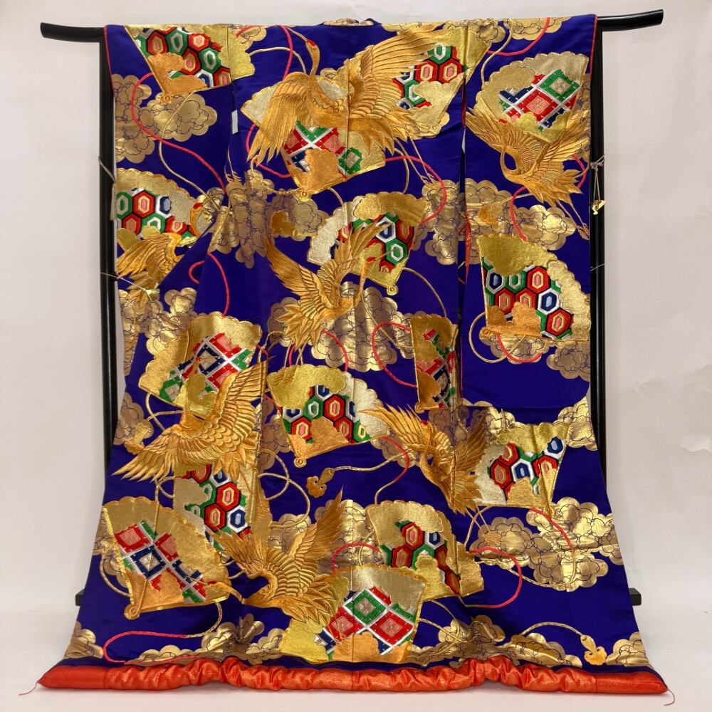 色打掛 正絹 鶴 刺繍 青 打掛 花嫁衣裳 ポリエステル リサイクル 中古 ブライダル ウエディング 着物 6641