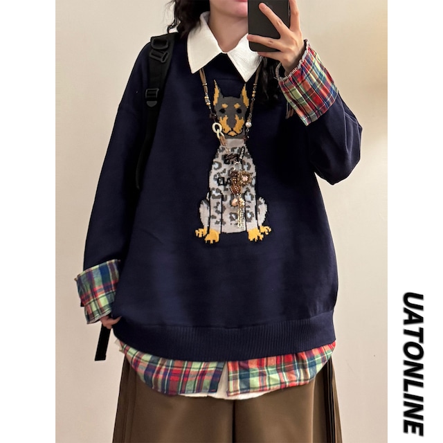 【UATONLINEシリーズ】★セーター★ 2color ニットトップス パーカー ユニセックス フェイクレイヤード チェック柄 ラウンドネック 犬 犬柄