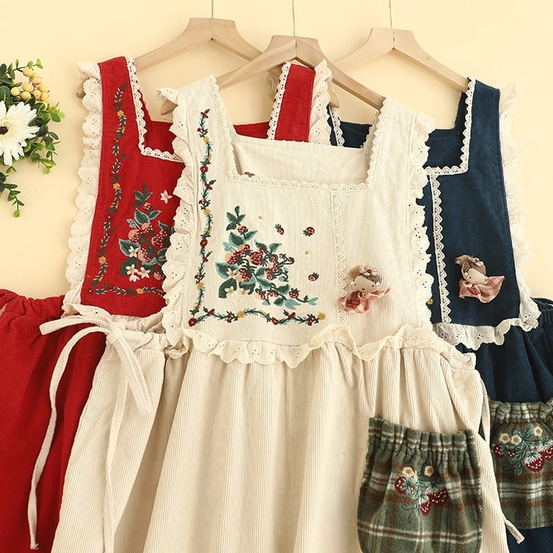 イチゴ刺繍レースコーデュロイベストワンピース W1068