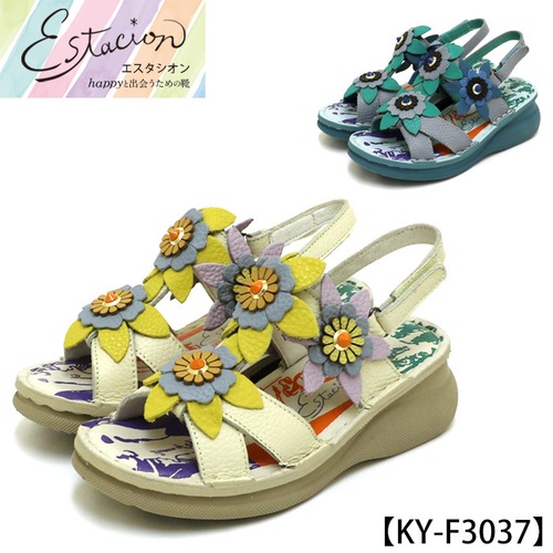 KY-F3037【ﾚﾃﾞｨｰｽ】Estacion～エスタシオン～・フラワーモチーフ本革ストラップサンダル