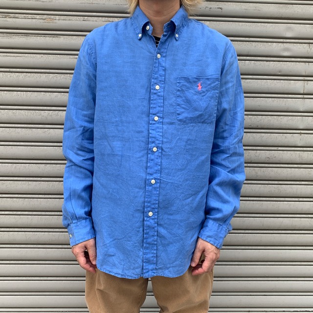 Ralph Lauren リネン長袖シャツ M 青 クラシックフィット 麻