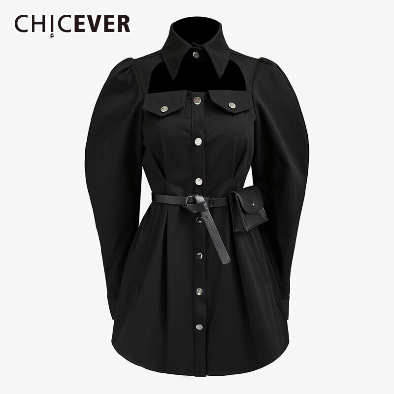 CHICEVERオータムドレスレディースラペルロングスリーブホローアウトウエストサッシバッグドレス2020服 長袖 秋物 6base538644926963