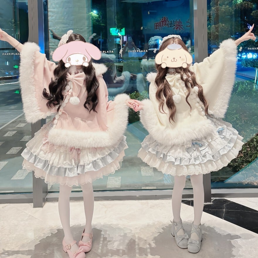 甘ロリファーケープ ピンク×白 姫系マント 防寒ロリータアウター 冬
