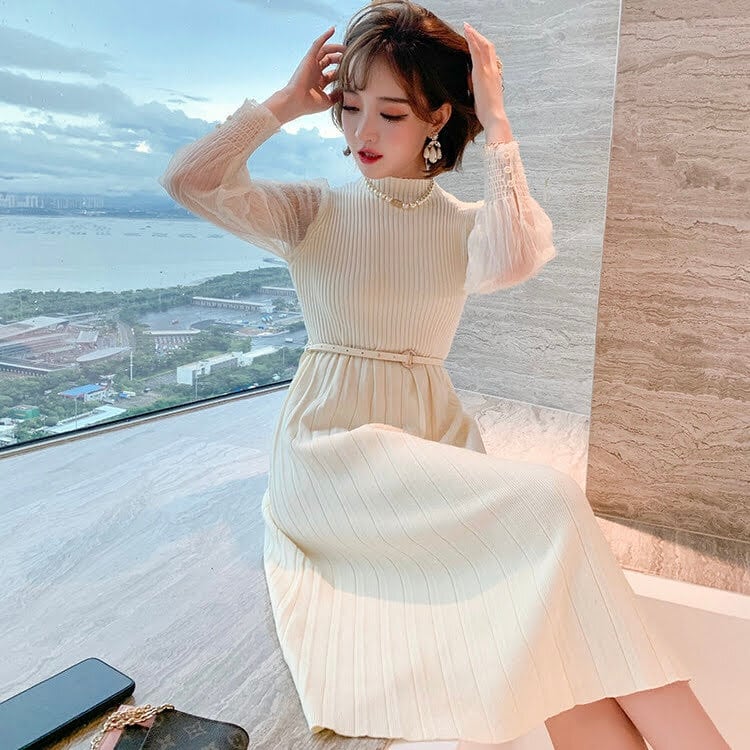 リブニットワンピース シースルー袖 ベルト付き 全3色 | LILIANA