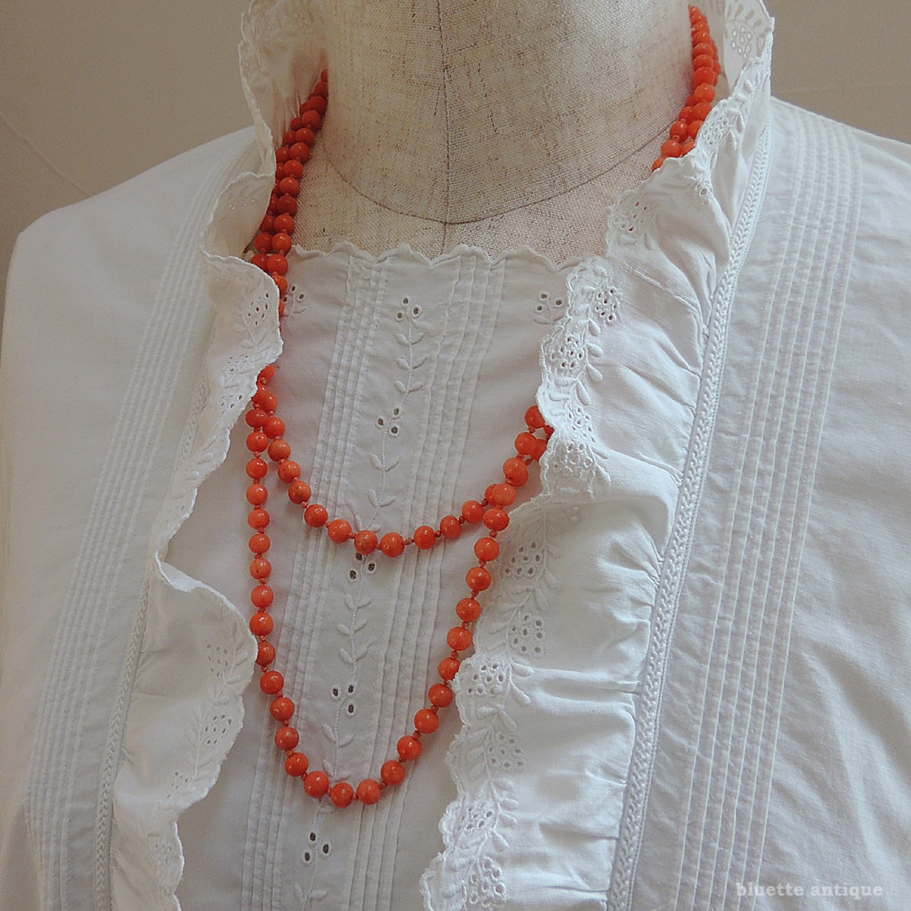 英国アンティークジュエリー 9ctゴールド コーラル ロングネックレス(ソーティングメモ付)