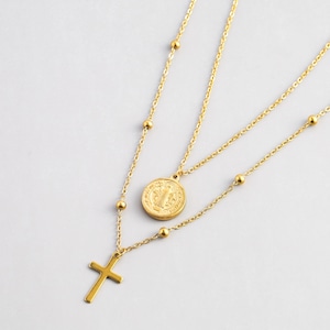 316L cross & coin double chain necklace #n115　☆