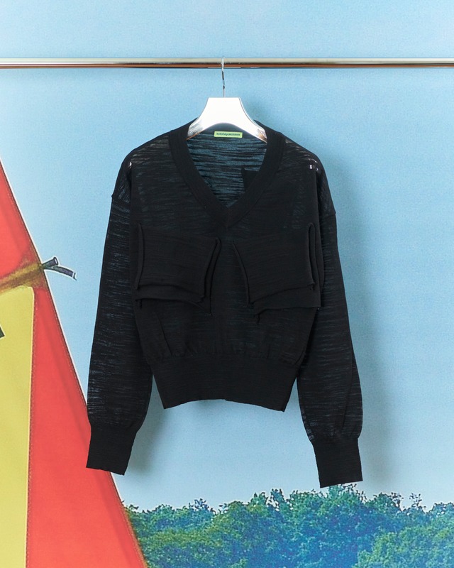 kotohayokozawa - TD V-NECK SHEER KNIT ：Black｜シアー／Vネック／デコレーション