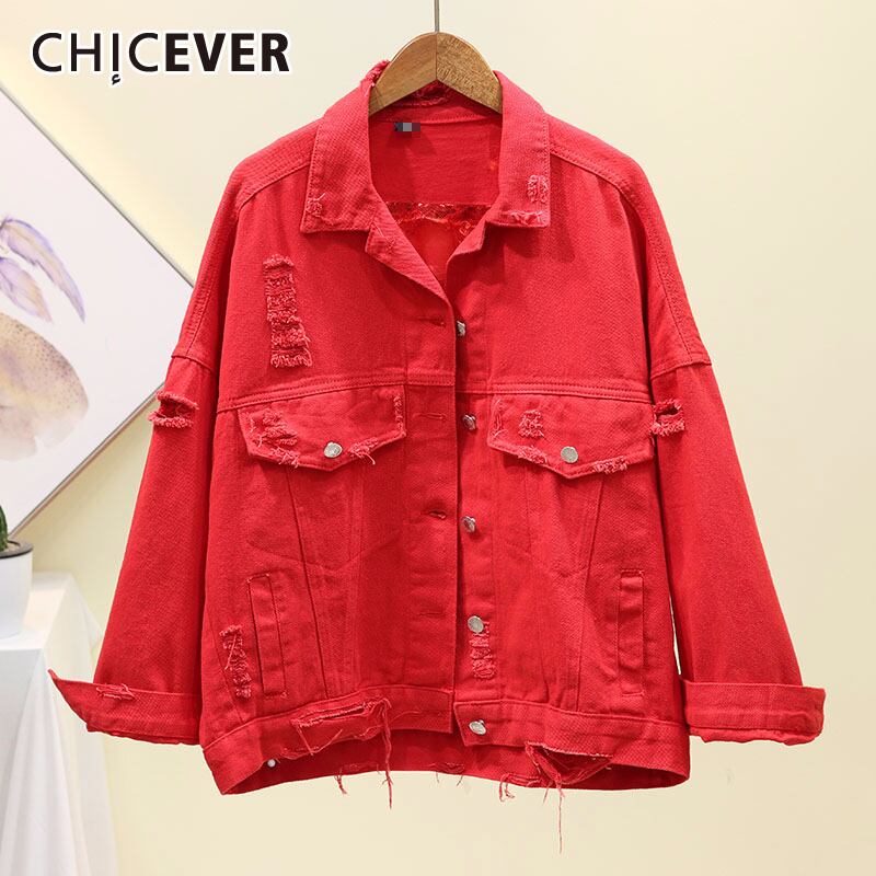 CHICEVERスパンコールデニムジャケットレディースラペルカラー長袖破れた穴ポケットTelCoat 2020 Tide ロング 6base541675081428