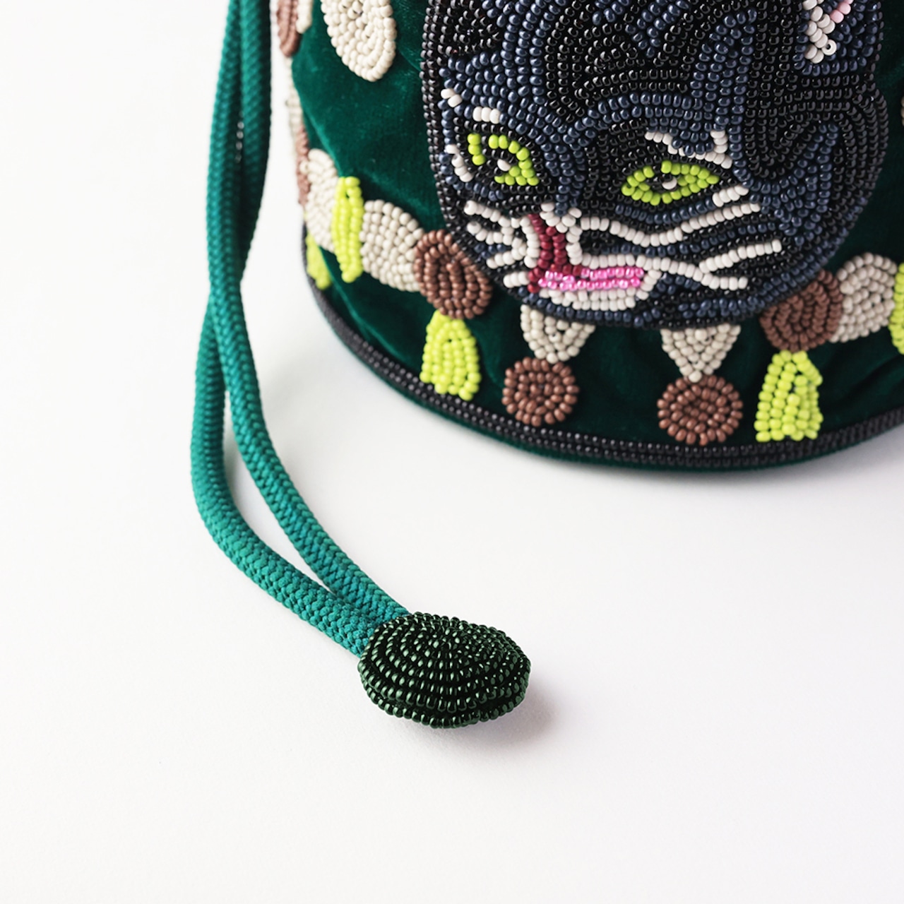 Nathalie Lete Beaded Drawstring Bag Black cat ナタリーレテ ガラスビーズポーチ Black cat