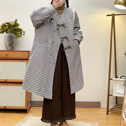 2色/3連リボンチェック柄ロングコート ・12513