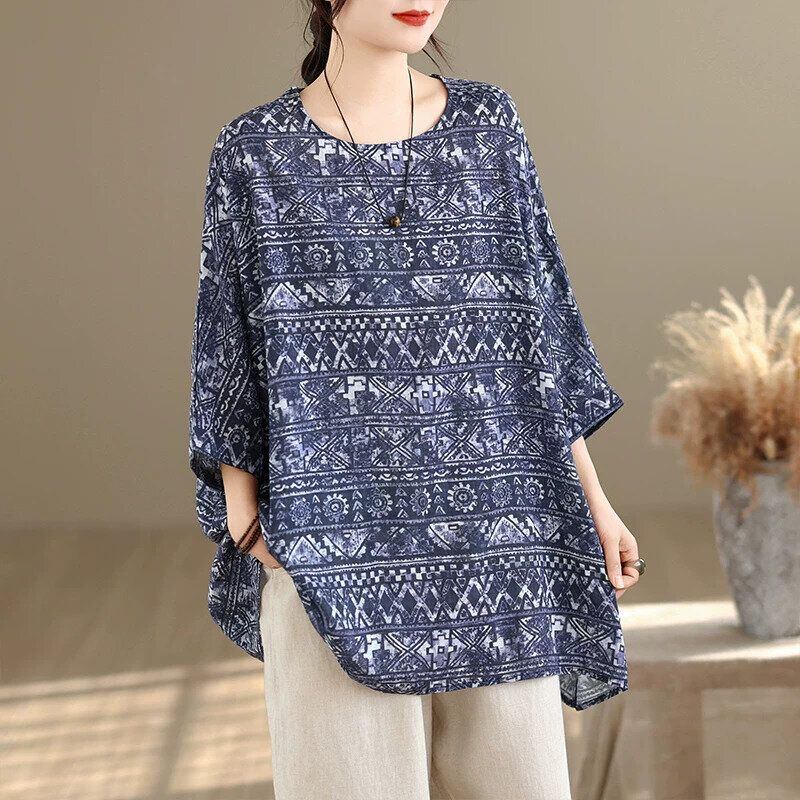 ETHNIC PRINT BOAT NECK 3/4 SLEEVES TUNIC TOP 1color M-16193