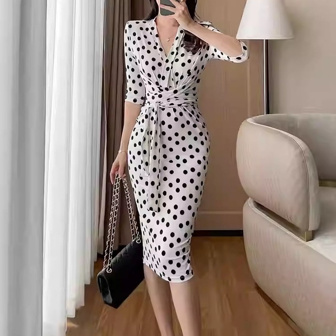 Wrap midi polka dot dress V2307