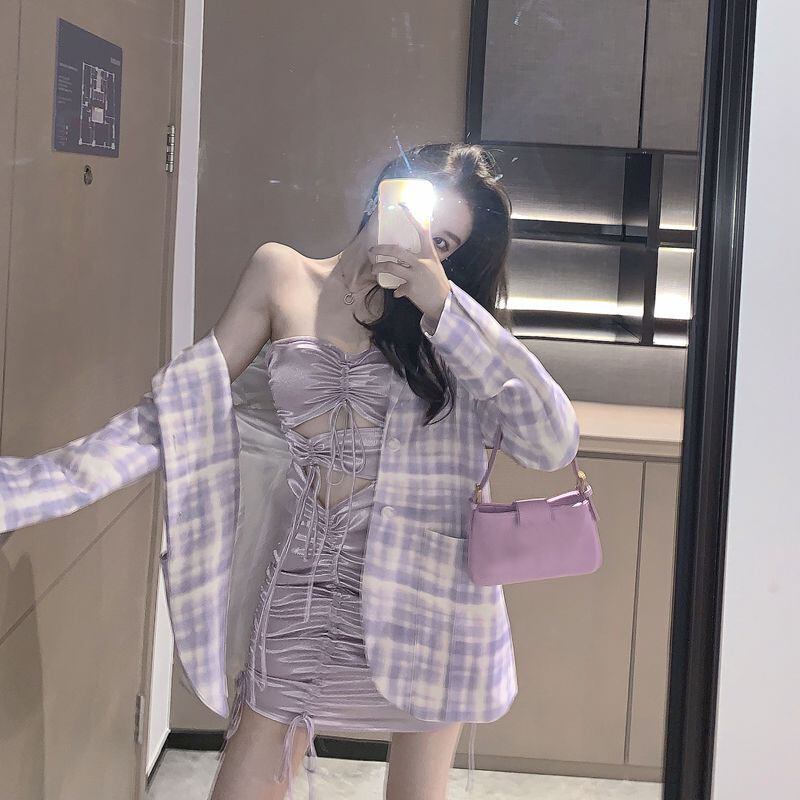 チェック柄パープルシンスーツジャケットレディース2020年春秋新作スタイルミドル丈フライドストリートスモールスーツジャケット ブラックストロベリース31337663909