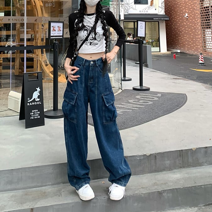 デニム カーゴパンツ ワイド ジーンズ ハイウエスト フラップポケット