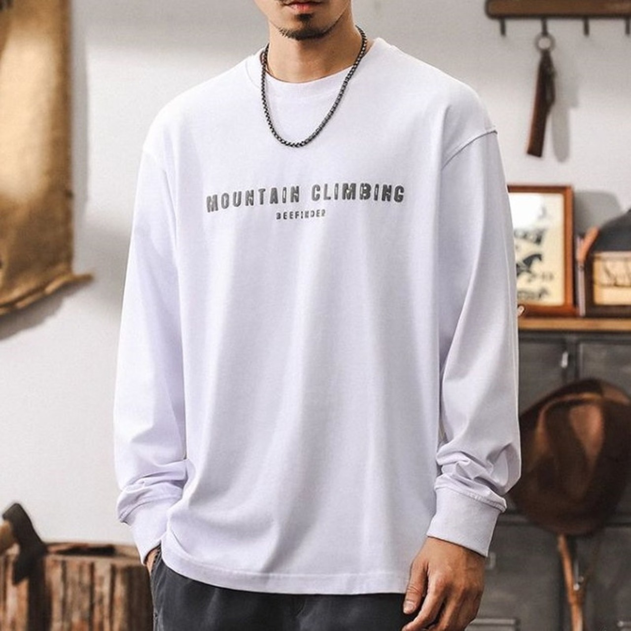 Back Print Mountain Design Box Silhouette Long Sleeve T-Shirt ◇3color H0595