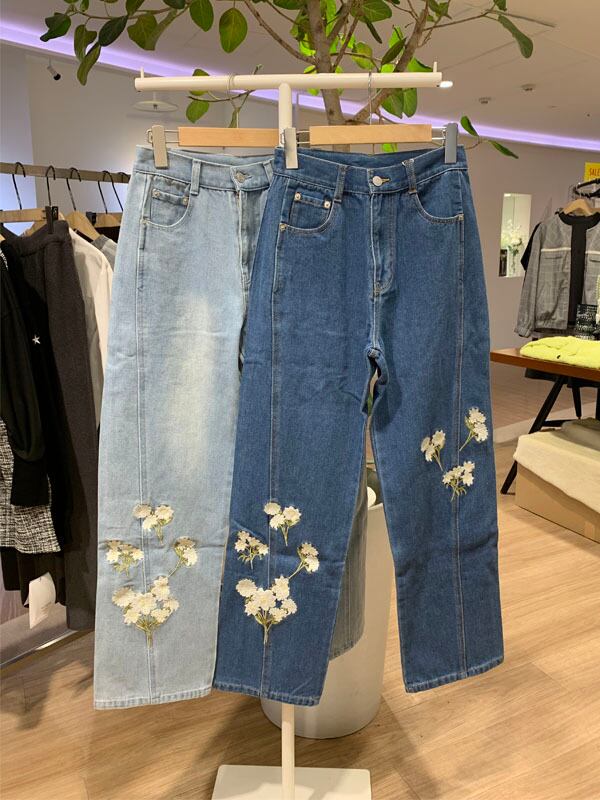 フラワー刺繍デニムパンツ［Color:インディゴ］［Size:S,Mサイズ］通常
