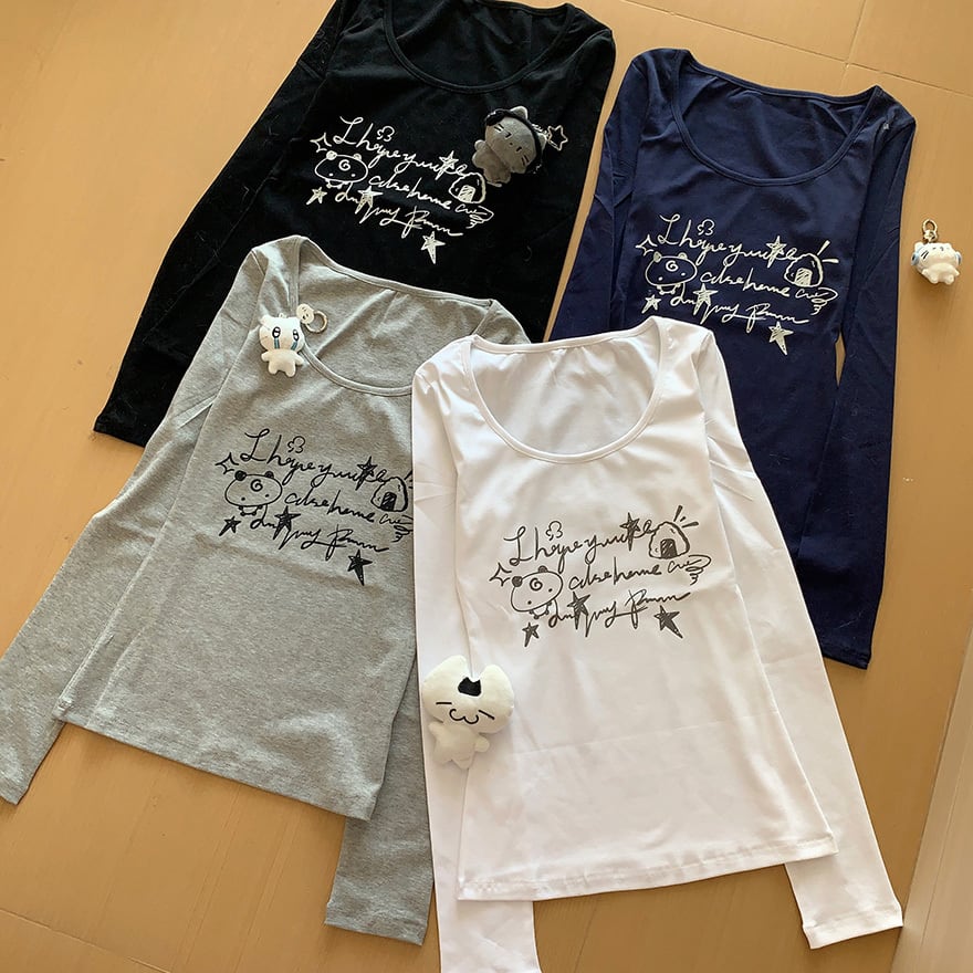 サブカル系 ぴえんキャラ プリント長袖Tシャツ