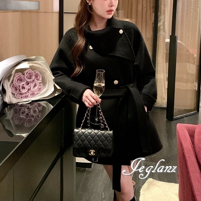 4色 ニット ハーフ丈 コート ゴールドボタン 共ベルト ダブルブレスト(MB131)★ τ