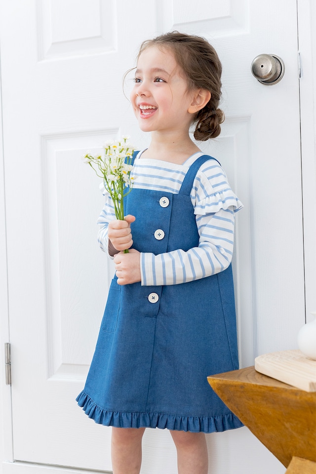 ショルダーフリルボーダートップス〈Blue〉