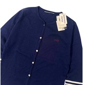 Mademoiselle NON NON タグ付き 部分ボーダー 綿&リネン 七分袖 ニット カーディガン M/ネイビー